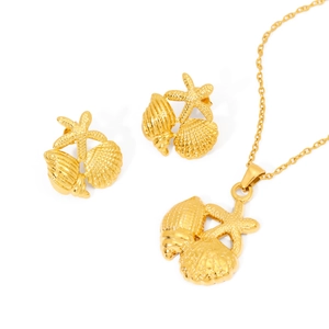 Golden stainless steel ocean theme necklace and earrings set with starfish and shell charms