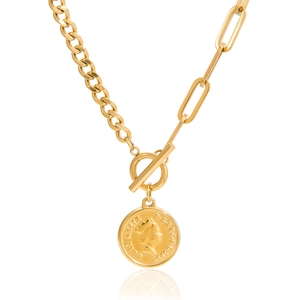 Gold stainless steel necklace with queen coin pendant and asymmetric OT toggle clasp