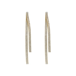 Elegant gold-plated long tassel drop earrings with clear baguette-cut cubic zirconia