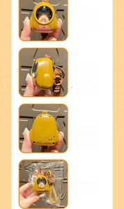 Detailed views of yellow Capybara keychain with glowing function and braided strap lanyard