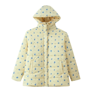 Detail of floral hooded puffer jacket featuring drawstring hood and windproof collar