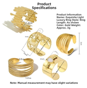 Size chart showing detailed dimensions for five French style irregular 18K gold rings