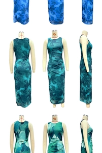 Detailed views of slim-fit sleeveless dresses with abstract prints and pleated waist