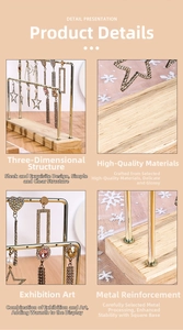 Detailed close-up of golden metal jewelry rack with solid wood base and dual bars