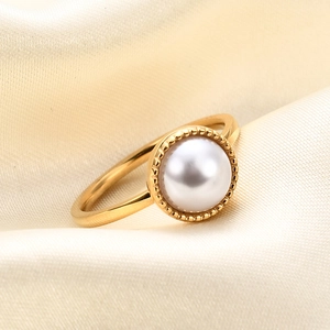 Minimalist 10MM gold-plated stainless steel ring with a large white inlaid pearl