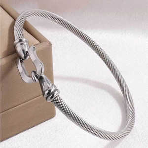 Silver twisted cable bracelet with a horseshoe buckle on a luxury jewelry box