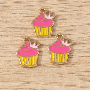 Pink enamel crown cupcake charms with golden metal edges for DIY jewelry making