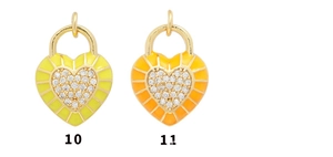 Micro-pave heart pendants with 18K gold plating and gradient enamel in yellow and orange