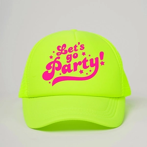 Macro view of neon yellow mesh trucker hat with pink Let's Go Party text and stars