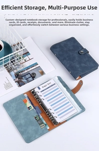 Detail view of the open budget binder featuring card slots, ring binder and zipper pockets
