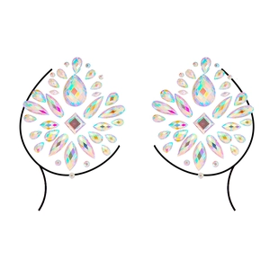 Detailed view of teardrop rhinestone breast stickers with iridescent AB crystals for makeup