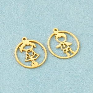 Golden stainless steel boy and girl silhouette charms on a light blue background