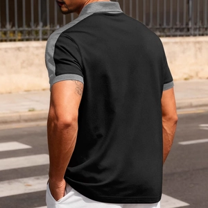Men's casual black and gray color-block short-sleeved polo shirt with lapel collar