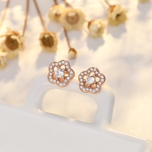Plum Blossom Stud Earrings For Women With AAA Zircon Copper Metal And Silver Earring Post Elegant Flower Jewelry