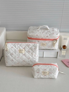 Trousse De Maquillage En Coton Matelassé À Nœud Rose Doux Organisateur De Toilette Portable Grande Capacité Pour Femmes