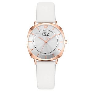 Square women's quartz watch with white leather strap and rose gold ripple dial