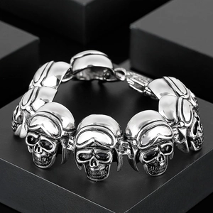 Retro punk stainless steel skull bracelet for men with gothic rock biker helmet design