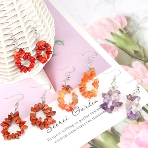 Natural crushed stone hoop earrings in purple and red hues with silver metal hooks