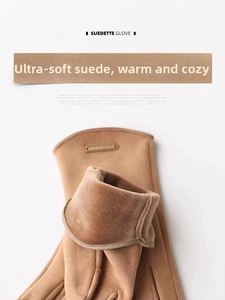Detail view of suedette winter glove showing camel faux suede texture and velvet lining