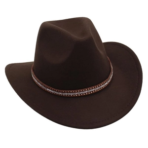 Detailed side view of deep brown felt cowboy hat featuring studded band and curved brim