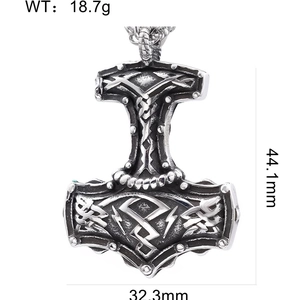 Vintage stainless steel Mjölnir pendant with Viking runes and product dimensions