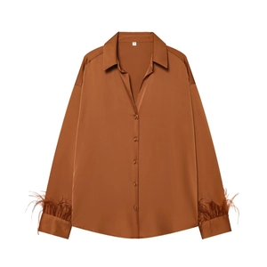 Women Satin Long Sleeve Shirt Intellectual Elegant Caramel Blouse Loose Button Up Top With Feather Cuffs Intellectual