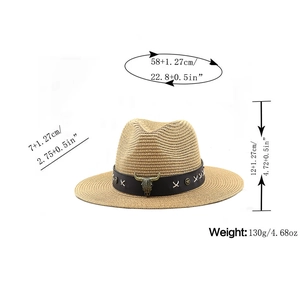 Detailed dimensions of wide brim straw hat with vintage bull head emblem and band
