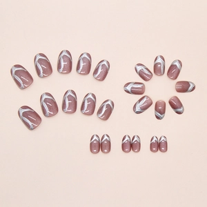 Detail of mauve rose press on nails with 3D silver flowing lines and cat eye finish