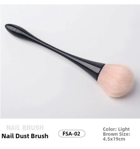 Detail view of light brown nail dust brush FSA-02 with soft bristles and dimensions