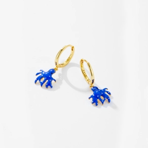Macro shot of blue octopus pendant earrings with S925 hallmark on gold plated hoops