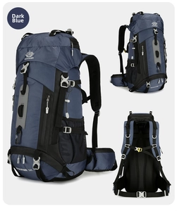 Detail of 60L outdoor hiking backpack with ergonomic mesh straps and storage side pockets
