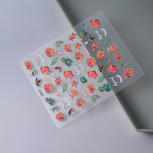Embossed gold foil floral nail stickers with pink peonies and pearls Co-055 sticker sheet