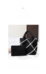 Detail of woven tote bag set with geometric patterns in a stylish home interior setting