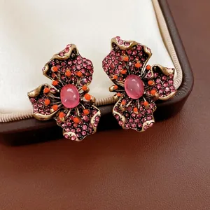 Flower Stud Earrings Alloy Rhinestone Resin With Silver Earring Post Vintage Baroque Elegant Accessories Women