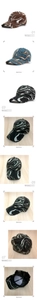 Detail view of striped baseball caps with marble patterns and adjustable back strap