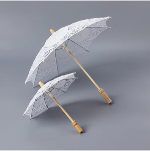 Detailed view of intricate white lace pattern and polished wooden handle of bridal parasols