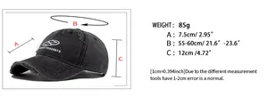 Tableau des tailles détaillé pour casquette en coton avec mesures de bord et circonférence