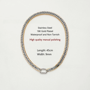 Detail of 9mm two-tone Miami Cuban chain necklace with 18K gold plating and spring clasp