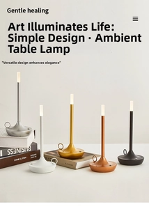 Minimalist portable LED table lamps in five metallic finishes displayed on books