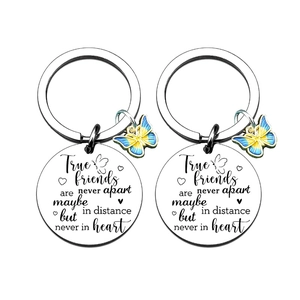 Friendship stainless steel keychains with blue and yellow butterfly charms for true friends