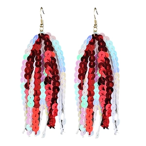 Detail of long tassel earrings with red, white, pink and blue sequins and gold hooks