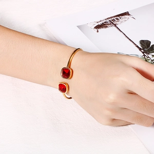 Elegant gold square red crystal open bangle for women with minimalist styling
