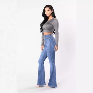 High waist stretch flare jeans for women with five-button fly and grey long sleeve crop top