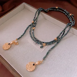 Vintage style multilayer long beaded necklace with gold coins and bee charms