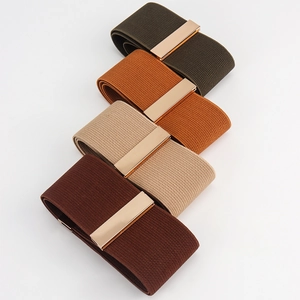 Chic women's wide elastic waist belts in four colors with glossy gold metal buckles