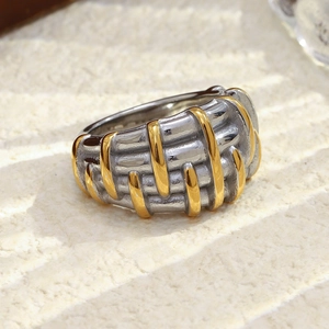 Minimalist wide woven stainless steel ring with 18K gold and silver contrast plating