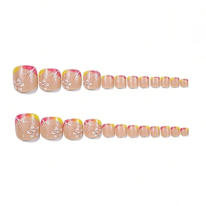 24pcs glossy short square press-on toenails with gradient French tips and white hibiscus floral art