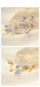 Detailed tile display of titanium star and leaf zircon lip studs in gold and silver