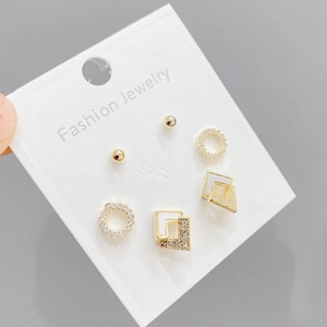 Three-pair gold S925 silver stud earring set with geometric cubic zirconia accents
