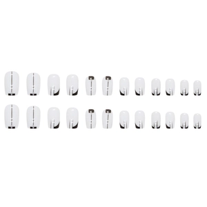 Square black and white geometric press-on nails with glitter lines and rhinestones